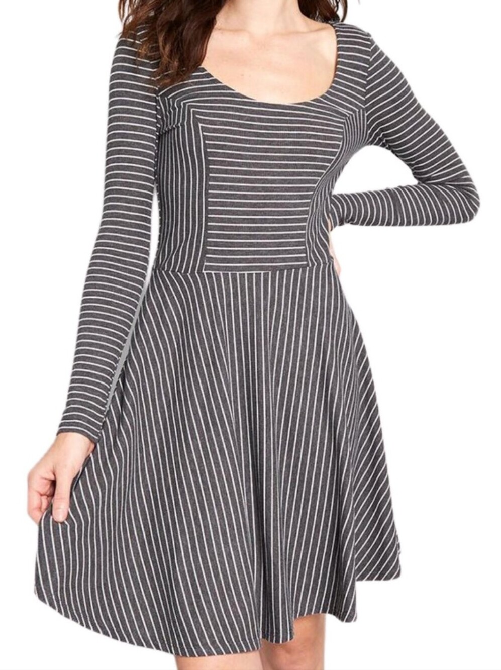 ModCloth Weekend Plans Skater Dress Striped Long-Sleeve Fit & Flare Dress